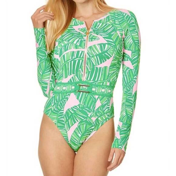 NEW LILLY PULITZER toretta rashguard one-piece swimsuit in green/pink